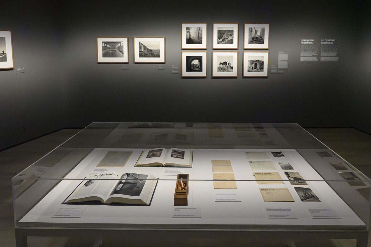 Publicaciones y documentos en una vitrina de la exposición, con fotografías enmarcadas en la pared del fondo.
